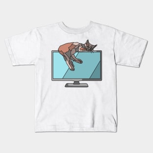 Brown Cat Sleeps on Monitor Kids T-Shirt